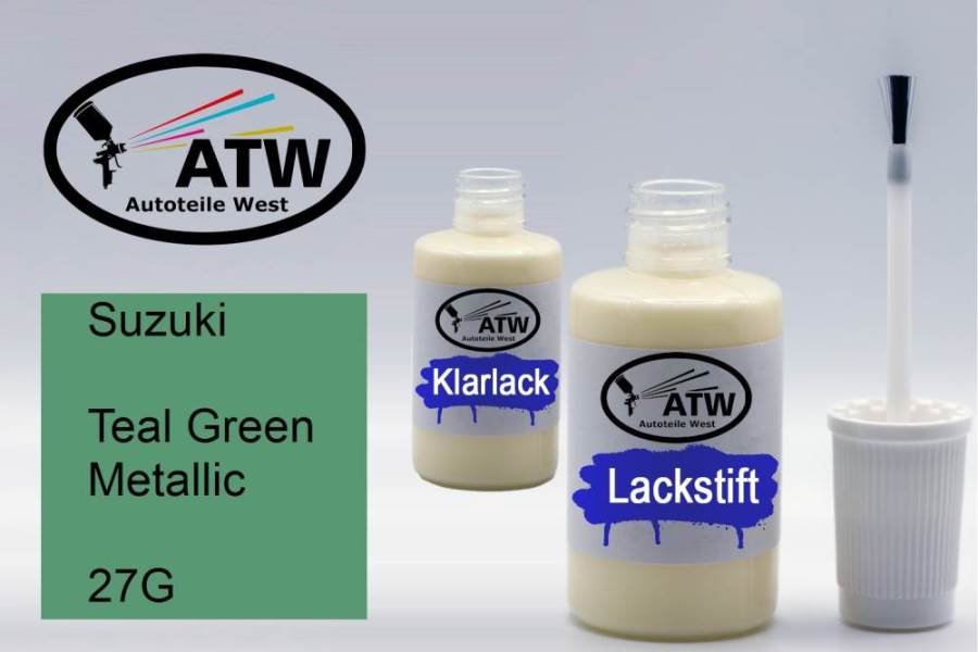 Suzuki, Teal Green Metallic, 27G: 20ml Lackstift + 20ml Klarlack - Set, von ATW Autoteile West.